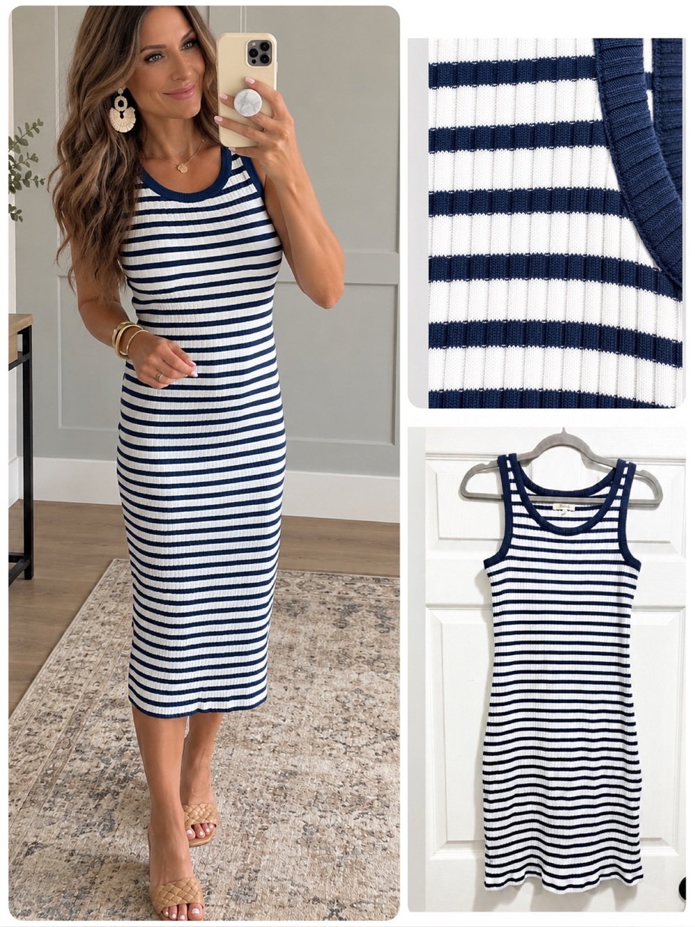 Madewell Striped Ribbed Knit Tank Dress Scoop Midi Navy Blue White Sweater Small